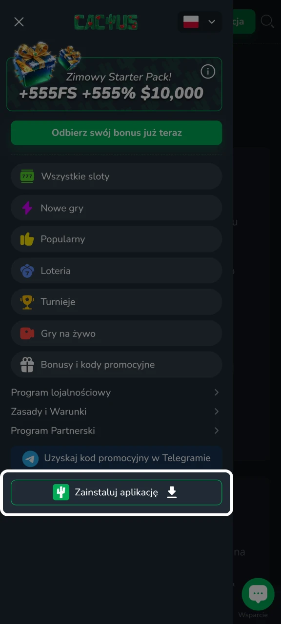 Kliknij przycisk Pobierz, aby pobrać aplikację Cactus Casino.