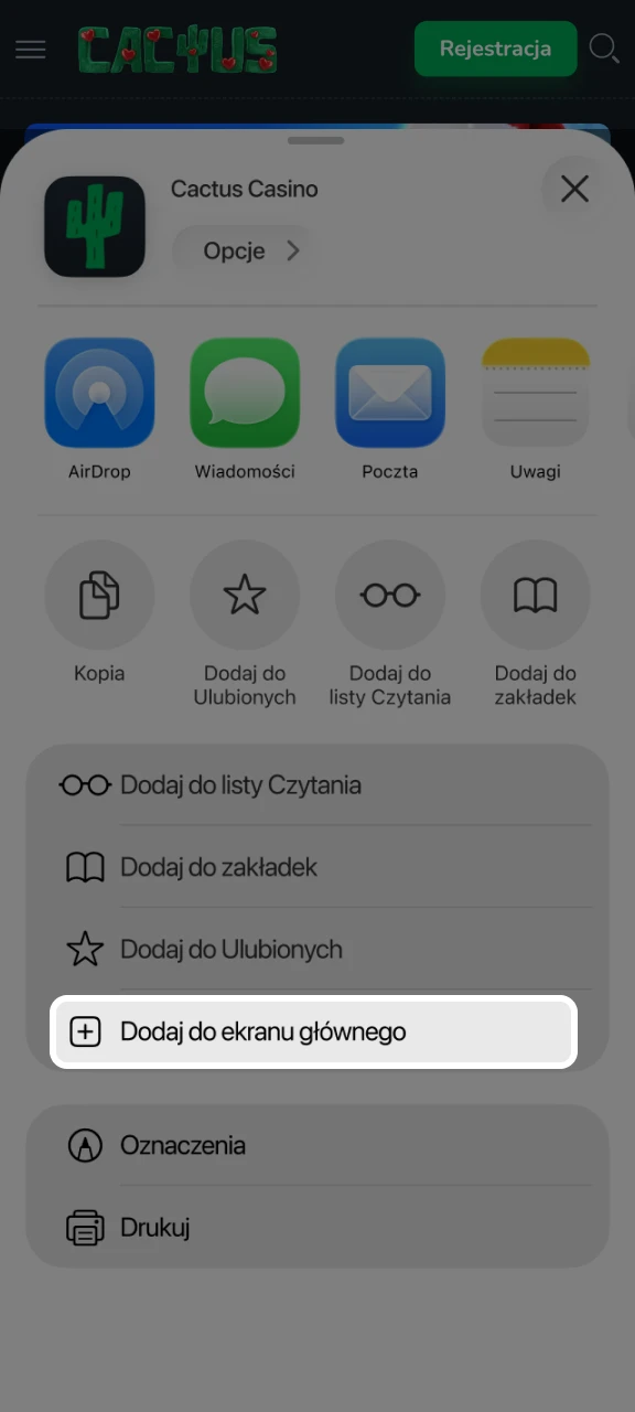 Dodaj skrót do Cactus Casino na ekran główny swojego urządzenia z systemem iOS.