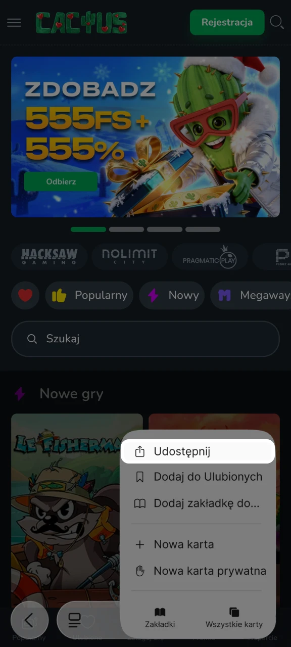 Kliknij Udostępnij i dodaj Cactus Casino do ekranu głównego.