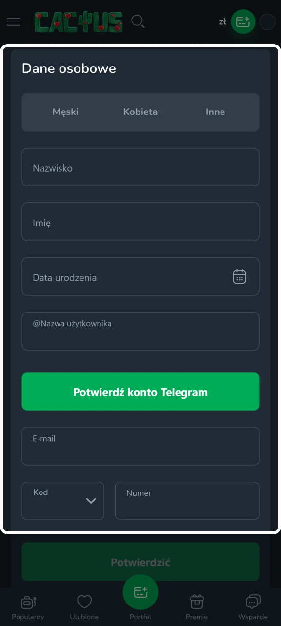 Wpisz swoje dane osobowe w formularzu Cactus Casino.