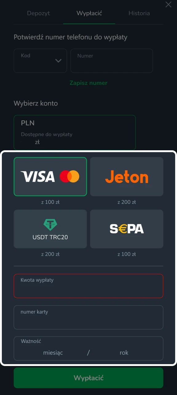 Wybierz metodę wypłaty, aby wypłacić środki z Cactus Casino.
