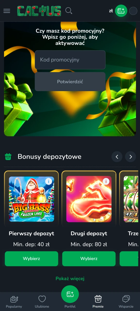 Aktywuj swój bonus Cactus Casino w zakładce promocji.