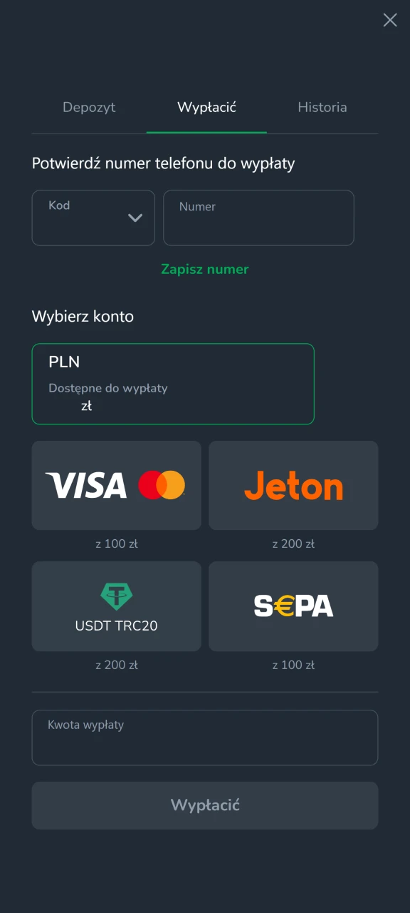 Wybierz zakładkę Wypłaty w kasynie Cactus Casino.