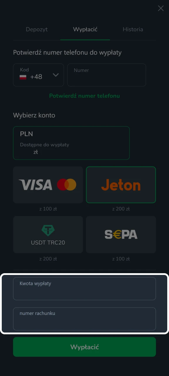 Wprowadź kwotę i dane w zakładce Wypłata w kasynie Cactus Casino.