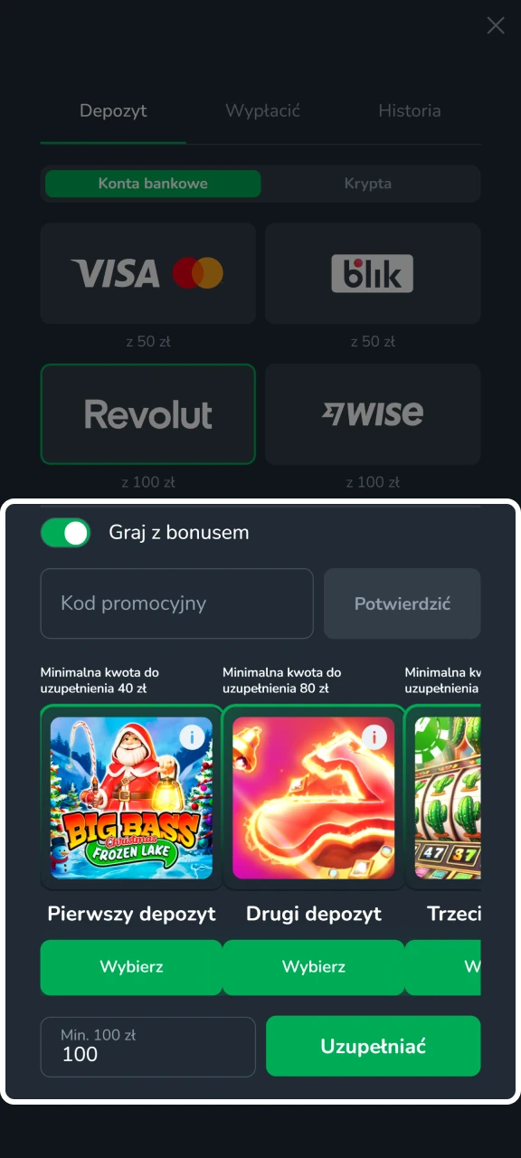 Dodaj kwotę i wybierz bonus, jeśli chcesz dokonać wpłaty w Cactus Casino.