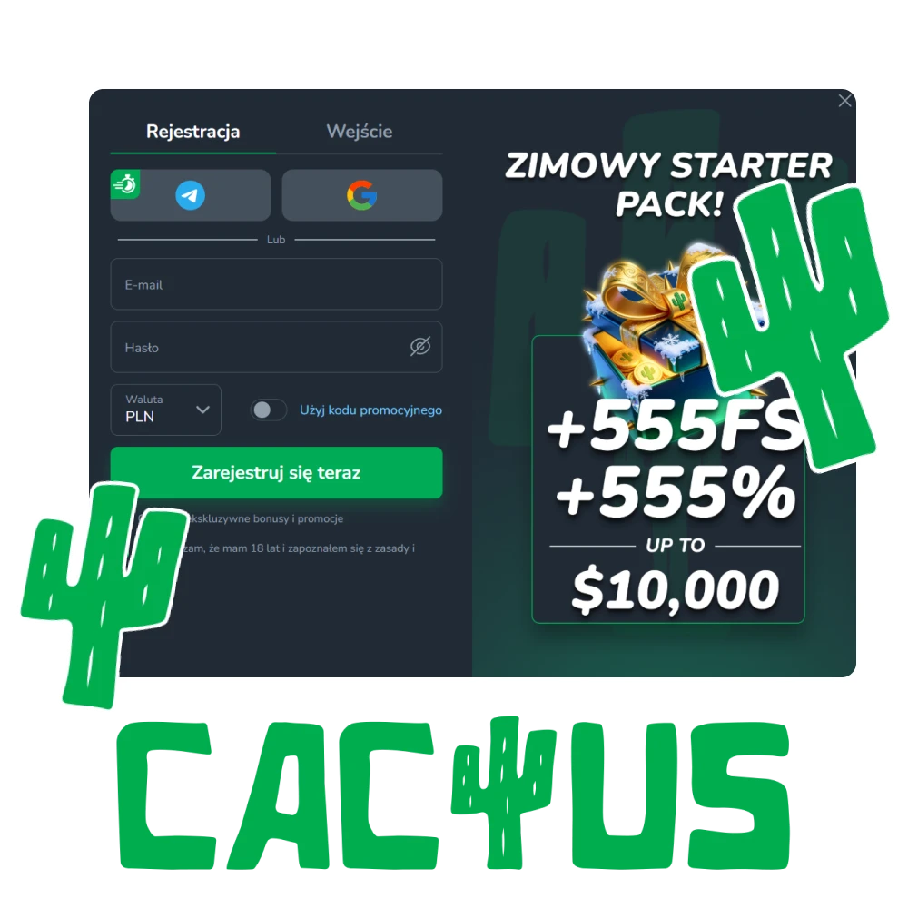 Zarejestruj się w Cactus Casino i uzyskaj dostęp do wszystkich korzyści oferowanych przez platformę.